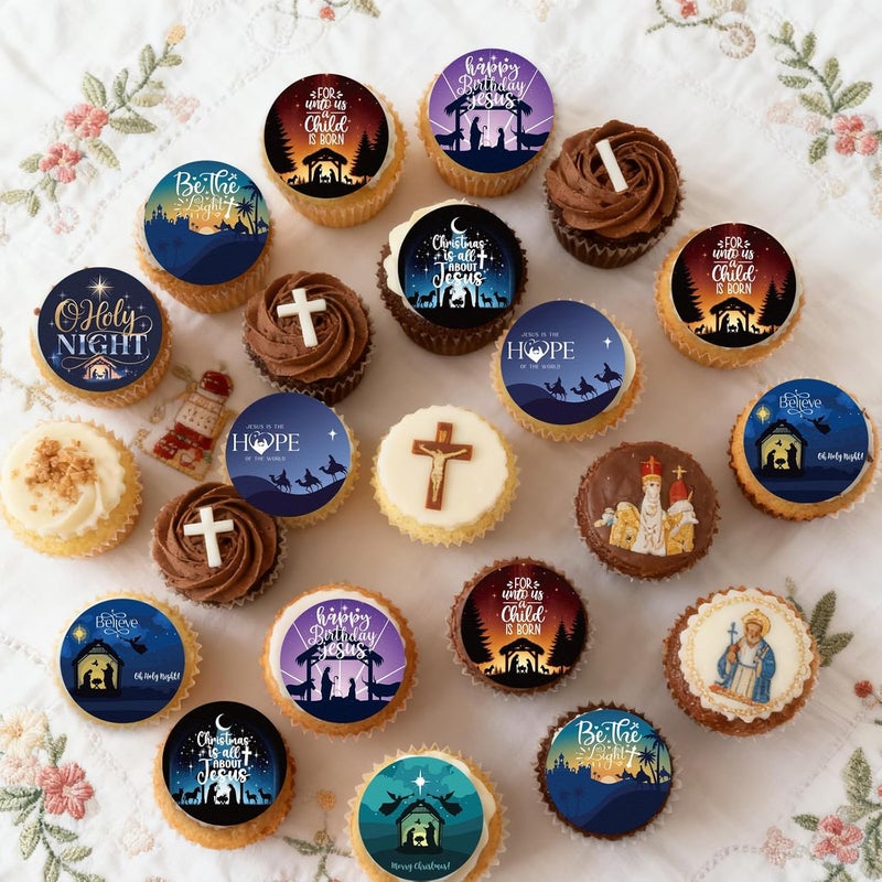 Fyeoxle 36PCS Edible Christmas Religious Nativity Cupcake Toppers Wafer Paper Happy Birthday Jesus Cupcake Picks Holy Nativity Toppers for Christmas Jesus Theme Party Decor Supplies (Pattern 1) - Image 4